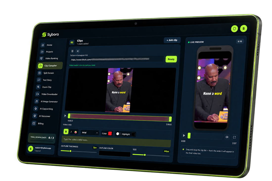 Sybora's Clip Compiler editor, shown on a tablet
